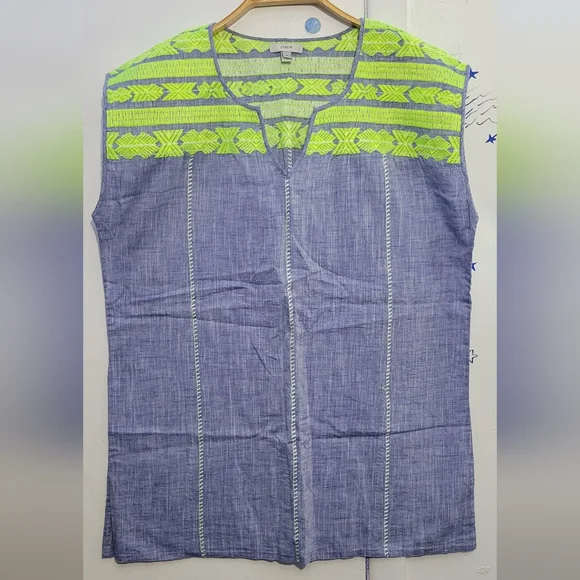 J CREW Dress Swim Cover Cover-Up Size Medium Cotton Linen Chambray Embroidered - Picture 1 of 3